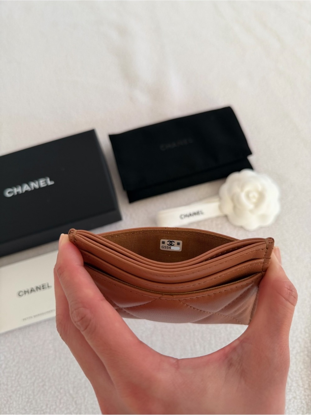 CHANEL 19 Tan Quilted Leather Card Sleeve with Gold CC Chain Logo - Picture 5 of 7